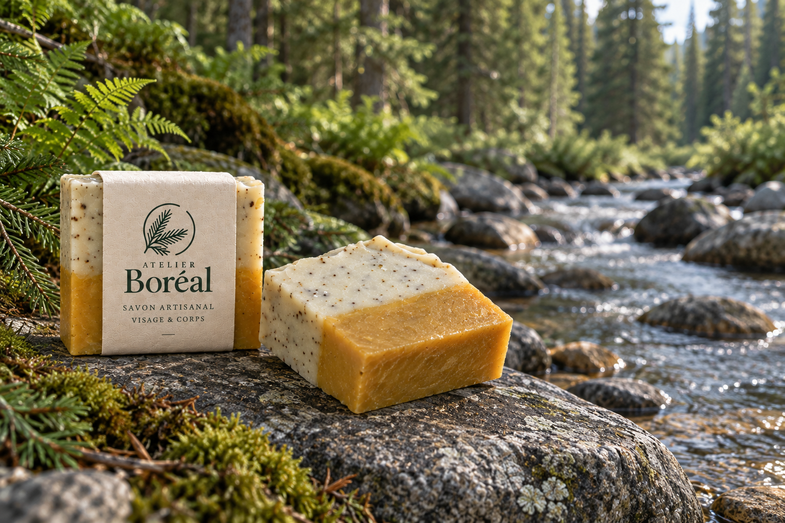 Savon sur les pierres d’un ruisseau en forêt