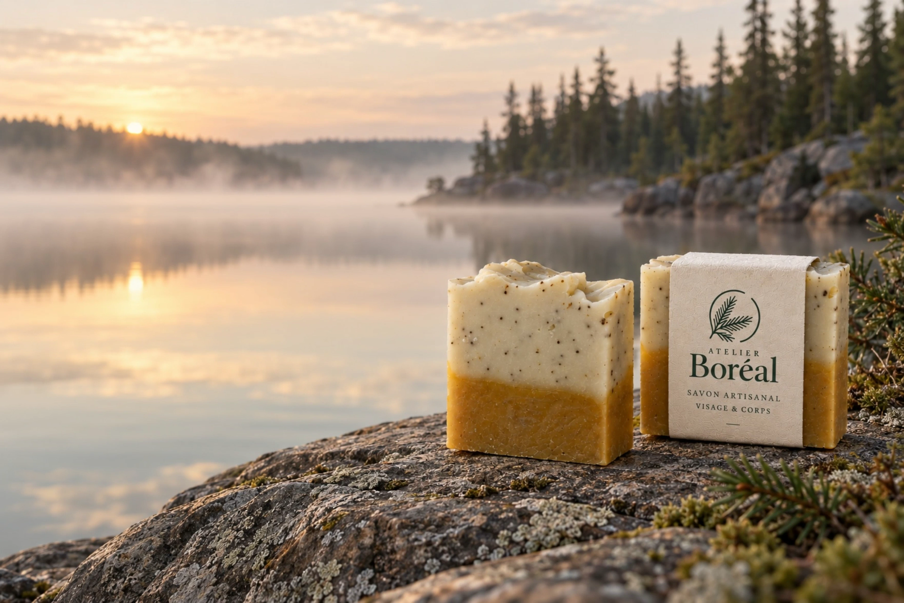 Savons Atelier Boréal au bord d’un lac canadien, entre brume et lumière dorée