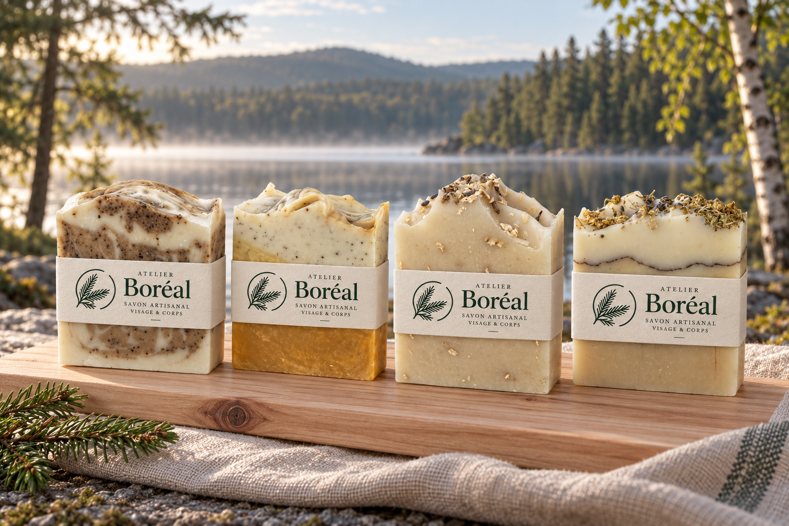 Les quatre savons Atelier Boréal au bord d’un lac des Laurentides